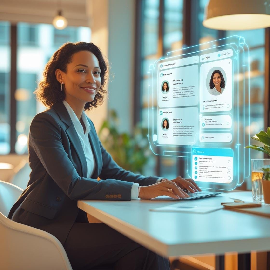 Smiling mid-career woman using AI-powered job search assistant on laptop